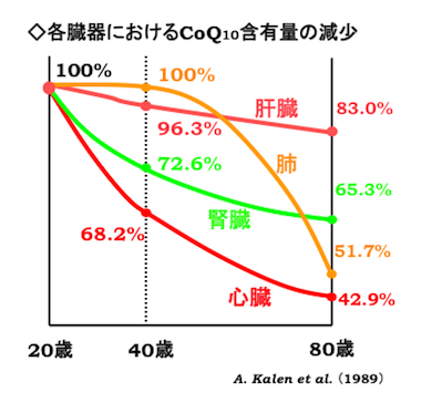 各臓器におけるCoQ10含有量の減少